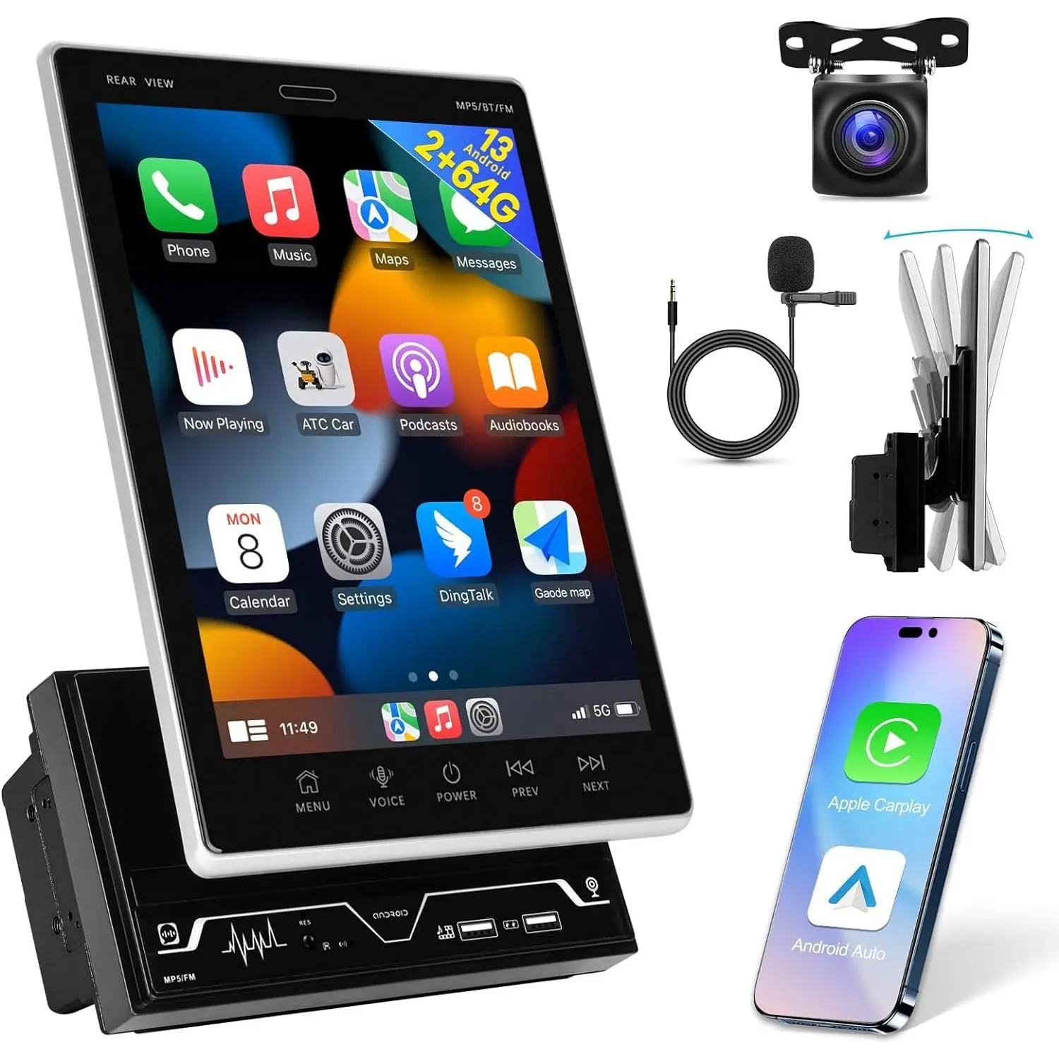 [2G+64G] 9.7in Double Din Automotive Vertical Mount Android Car Stereo - Touch Screen Radio with Wireless CarPlay/Android Auto, Bluetooth, 1080P Display, SWC, GPS, AHD Backup Camera, Built-in MIC, Car Audio (Father's Day Gift)