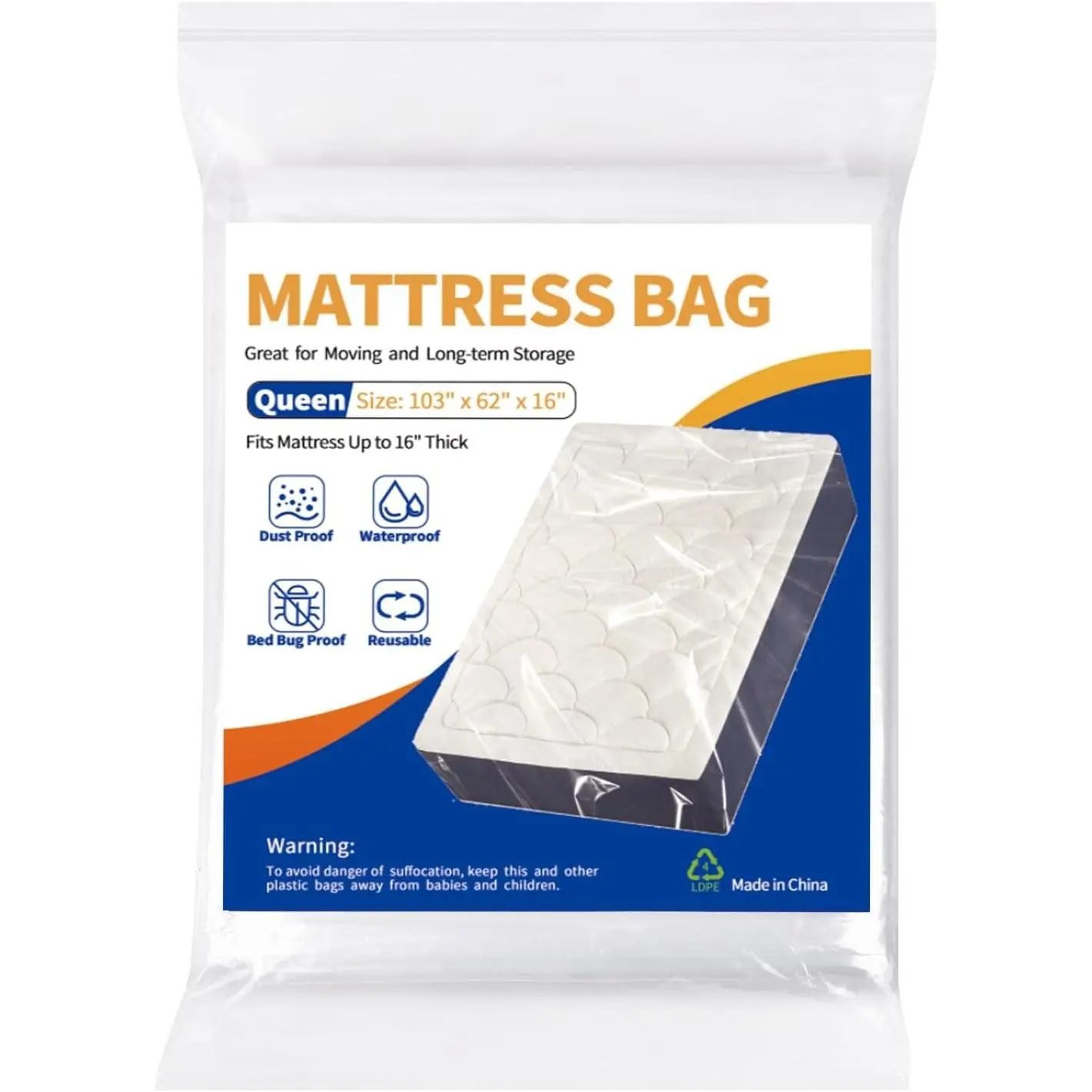Waterproof Mattress Storage Bag for Moving - Heavy-Duty Plastic Mattress Protector Cover, Queen Size Moving Supplies