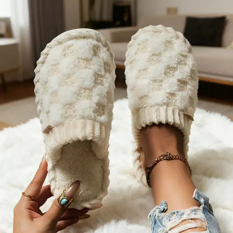 Cotton Slippers for Women Men Warm Slippers for Couples Home Plaid Pattern Cute Fluffy Slide Walking Shoes Flipflop Non-Slip Winter Indoor Outdoor House Slippers Christmas Gift
