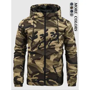 Men's Camo Print Drawstring Zip Up Hooded Jacket, Camo Pattern Long Sleeve Waterproof Windproof Outerwear Outdoor Jacket for Outdoor Daily Wear, Men's Clothing, Fall Clothes, Fashion Windbreaker, Jackets for Men, Men's Clothing for Fall