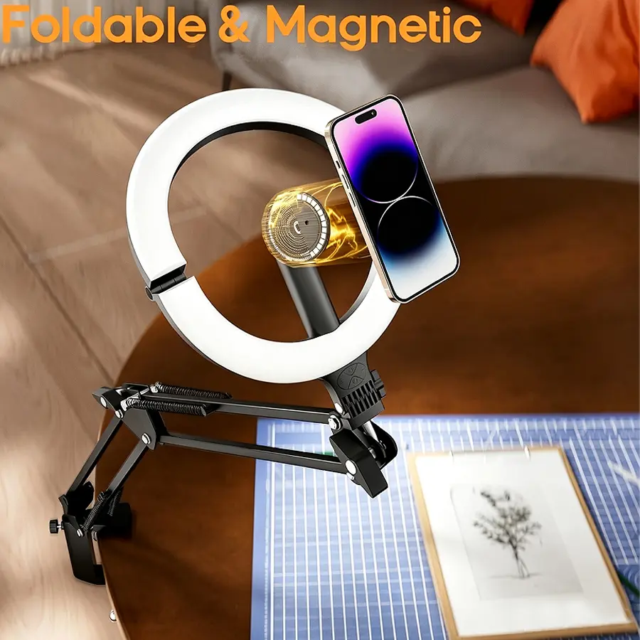 10in Eye Care Adjustable Mobile Ring Light with 120 LED Beads, Cast Iron Foldable Tripod Stand, Overhead Desk Camera-Phone Mount, Magnetic Hold, Portable Aluminium-Plastic Handheld Selfie Light for Video Recording, Easy Installation