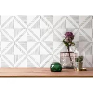 Peel and Stick Removable Fabric Wallpaper - Line Art - Triangle Square - Modern Geometric - Maddox White & Gray