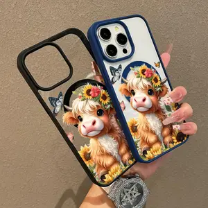 Cute Highland Cow Sunflower Pattern Premium Magnetic Phone Cases for iPhone 17 Air 16 15 14 Pro Max Plus 13 12 11 X,Samsung S25 S24 S23 S22 Shockproof Acrylic Cover with Non-Slip Design & Full Body Protection