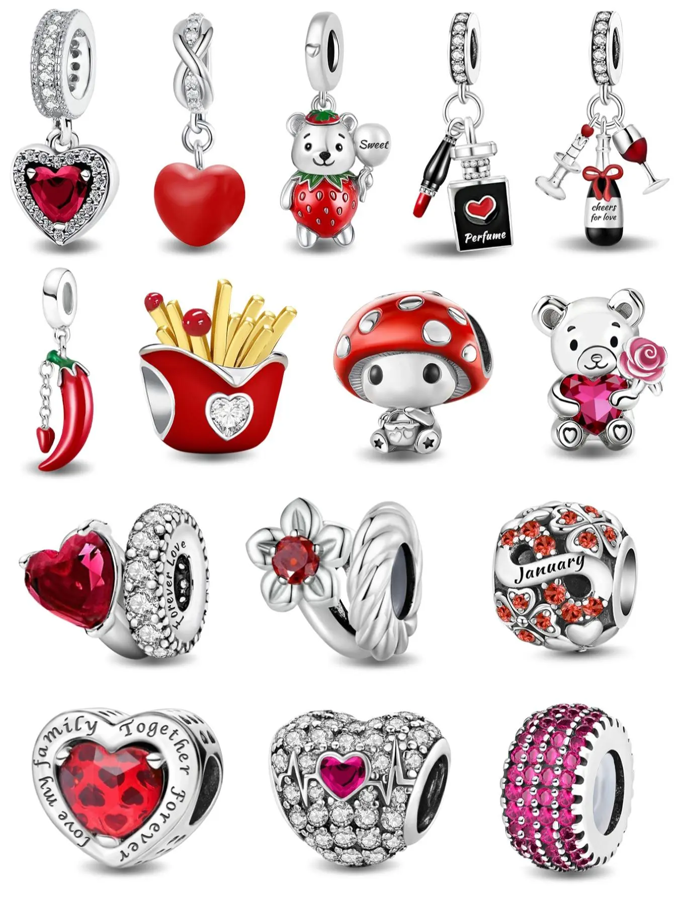 Cute Heart & Bear & Fries & Mushroom Design Charms, Lovely Charms, Beads Charms Accessories, Fashionable Jewelry for Women & Girls, Casual Trendy Jewelry, Trendy All-match & Exquisite Jewelry for Birthday Gift, Charm Accessory