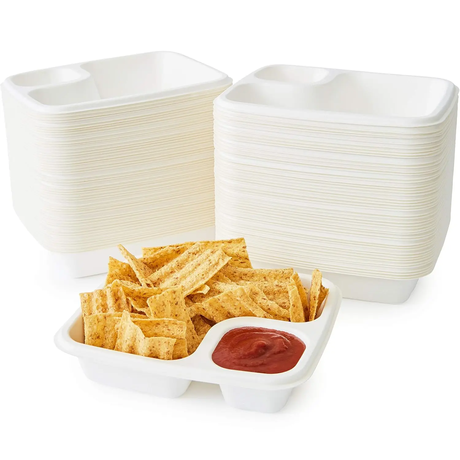 Disposable Party Nacho Trays, 100-Pk Large 2-Compartment Leakproof Sturdy Compostable Bagasse Disposable Plates, Microwave-Safe Biodegradable Sugarcane Serving Platters for Snacks, Cheese, Takeout