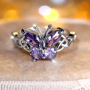 Purple Butterfly Cubic Zirconia Ring – Sparkling Elegance with Gift Box