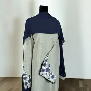 Nura Bloom Abaya Linen Gray Abaya Color, Blue Floral Embroidered Abaya for Women with Matching Blue Chiffon Hijab - Elegant Dainty Modest Muslim Dress - Machine Washable Breathable Linen Blend Fabric - Loose Fit for Everyday Wear