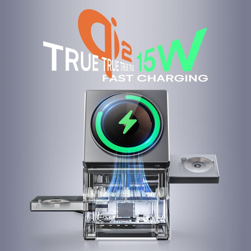 YWZ 3 in 1 Wireless Charger Fast Charging Qi2 Certified for iPhone iWatch AirPods Magnetic Automatic Rotation Touch Pop-Up Charging Station Easy Carry