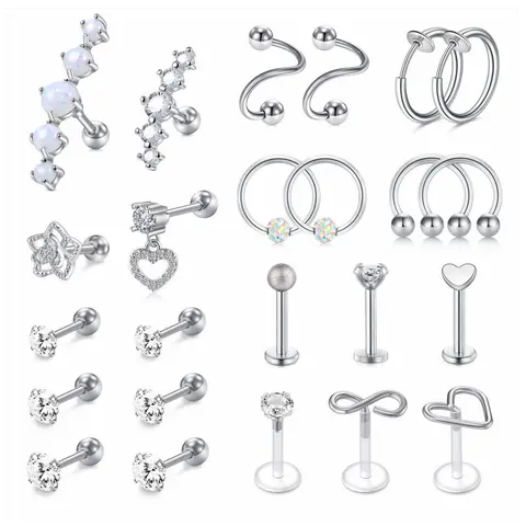 16g Cartilage Earring Studs Hoop 24PCs/set Tragus Studs Forward Helix Earrings Rook Daith Conch Stainless Steel Piercing Jewelry helixpiercingjewelry cartilage earrings