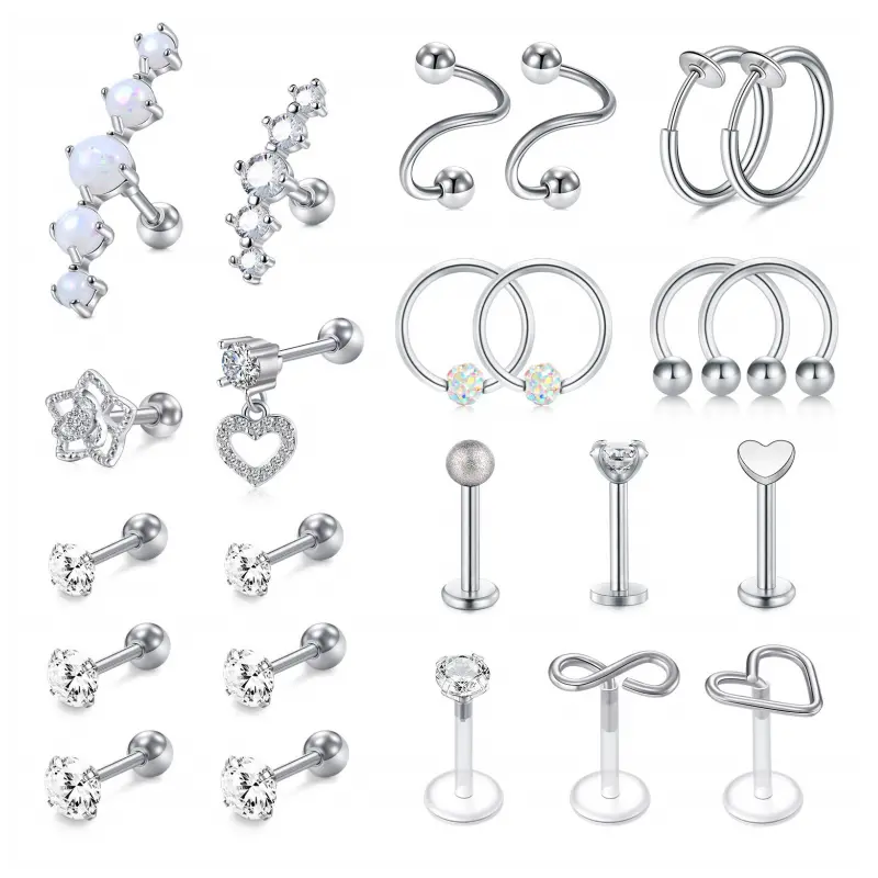 16g Cartilage Earring Studs Hoop 24PCs/set Tragus Studs Forward Helix Earrings Rook Daith Conch Stainless Steel Piercing Jewelry helixpiercingjewelry cartilage earrings