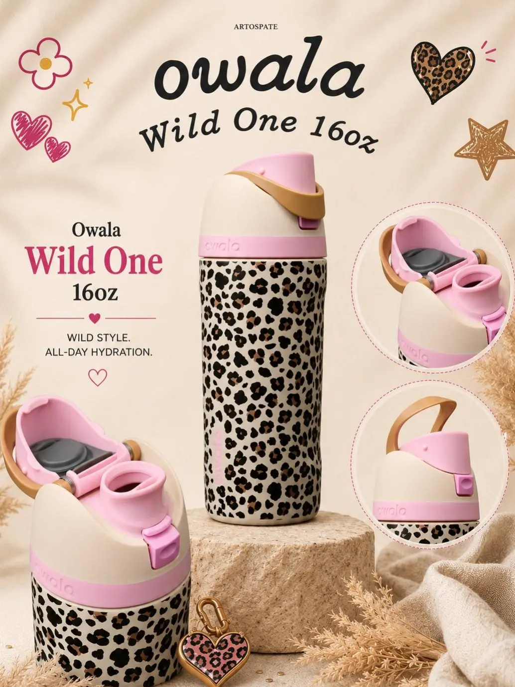 Owala Wild One 16oz FreeSip Water Bottle | Wild One Pink Leopard Kids Insulated Stainless Steel Bottle with Straw for School, Travel & Everyday Use