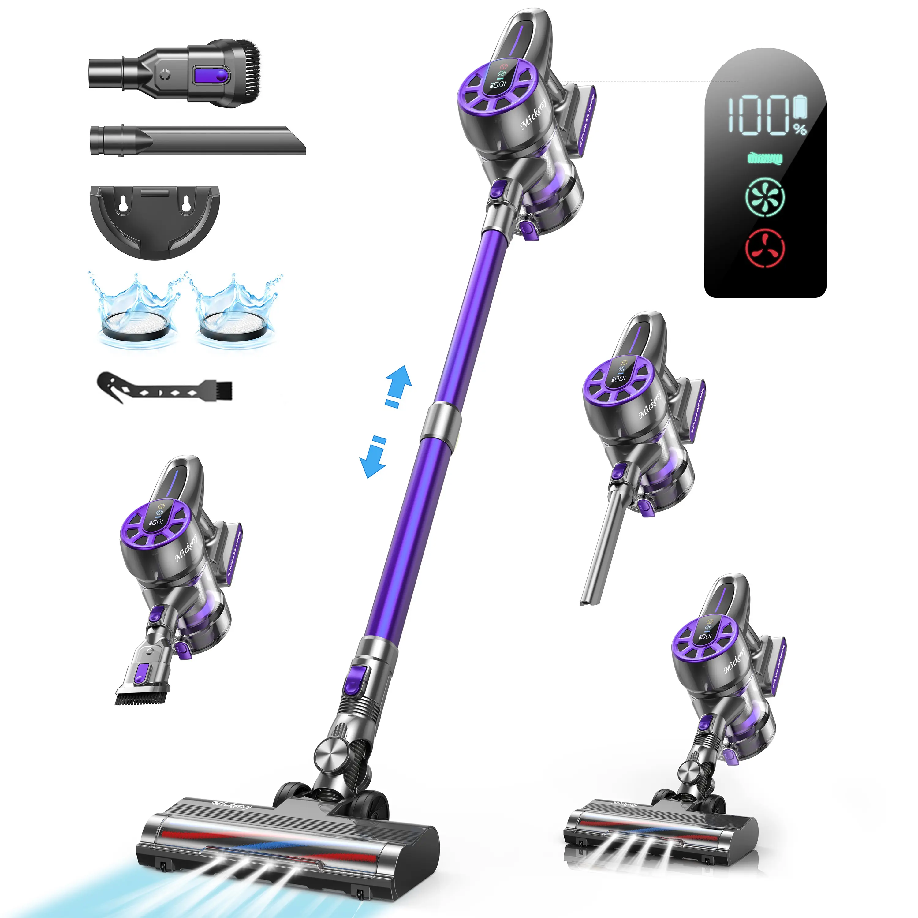 Cordless Vacuum Cleaner, Power Stick Vacuum 450W 36Kpa with Long Runtime Detachable Battery, Vacuum Cleaner with LED Display Lightweight & Quiet, for Pet Hair, Floor, Carpet, 1.5L Dust Cup