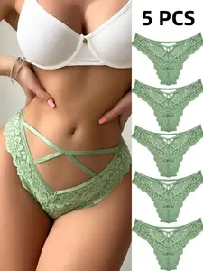 Women's Daily Underwear Thong Lace Comfortable Hollow Out Sexy Spring Summer Valentine's Day Christmas Innerwear Set of 5