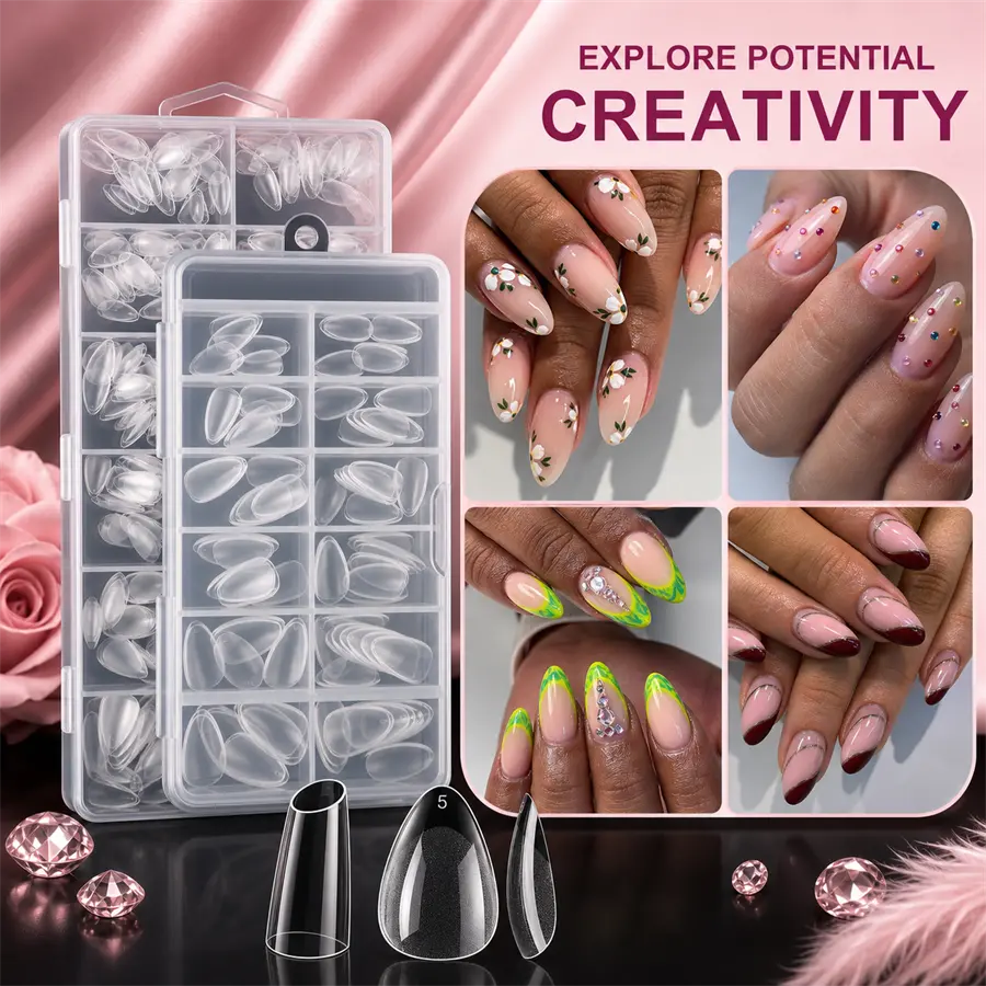 120/240pcs Short Almond Shape Soft Gel Transparent Semi-Matte Full Coverage Acrylic Pre-Buffed Press-On Fake Nails, Suitable For Nail Extension, Home DIY Manicure, Press-On Nails, Nail Art Supplies