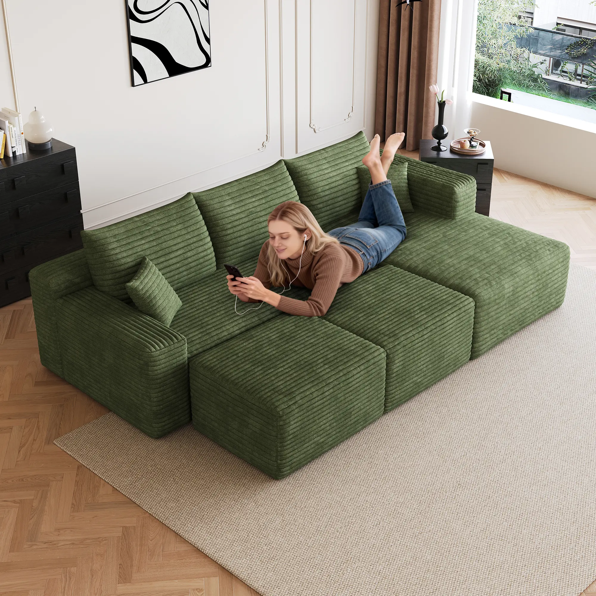 U-Shaped 95-Inch Deep Seat Sectional Sofa with Two Ottomans, Plush Green Corduroy Upholstery, Modern Minimalist Living Room Corner Couch, No Assembly Needed