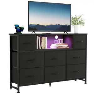 TV Stand with 8 Fabric Drawers & Power Outlet, LED TV Console with USB & Type-C, Storage Dresser for Living Room