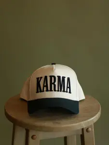 KARMA Trucker Hat, Embroidered Bold Statement Cap, Adjustable Snapback, Trendy Unisex Fit, Soft Cotton Front, Breathable Mesh Back