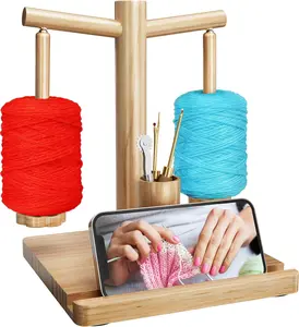 Yarn Holder for Crocheting and Knitting with Phone Stand, Wooden Double Spindles Yarn Holder, Upgraded 360° Magnetic Rotating Yarn Spinner, Crochet Gift for Knitting Lovers, Natural