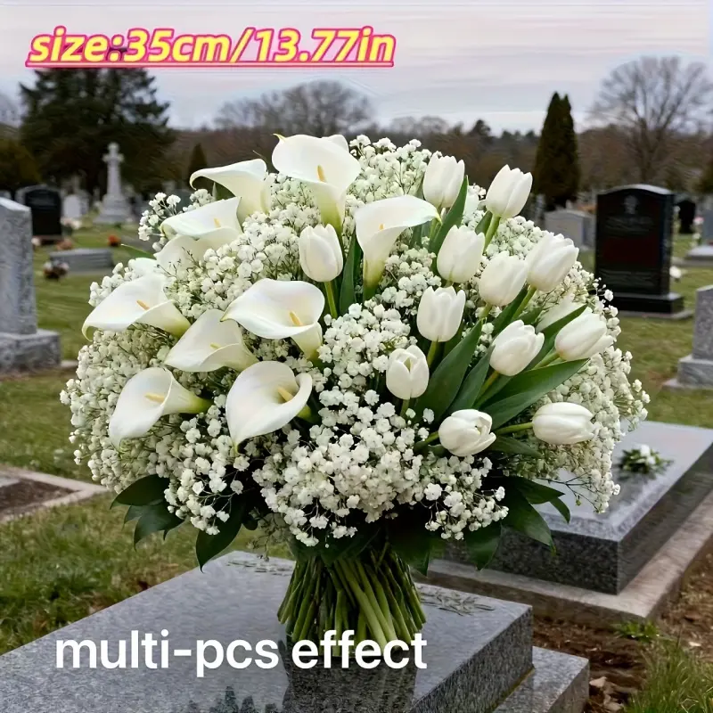 Outdoor cemetery artificial white bouquet of baby's breath, calla lilies, and tulip combination flowers, suitable for home/hotel/grave/funeral, Thanksgiving, Day of the Dead, Halloween, Christmas, Artificial Calla Lily, Artificial Mixed Flower