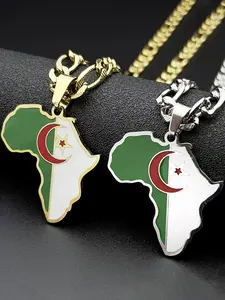 African Algeria Map Flag Pendant Charms Necklace for Women Men Stainless Steel Enamel Gold Color Crescent Moon Star Chain Jewelry Gift Jewelry Accessory