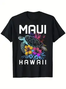 Men'S Hawaiian T-Shirt % Relaxed Fit Short Sleeve - Maui Island Turtle & Hibiscus Flower Print with Maui Hawaii Text, Black & Hawaiian Green Sea Turtle Design, Tropical Beach Vacation Shirt, Casual Hawaiian Shirt for Men, Machine Washable