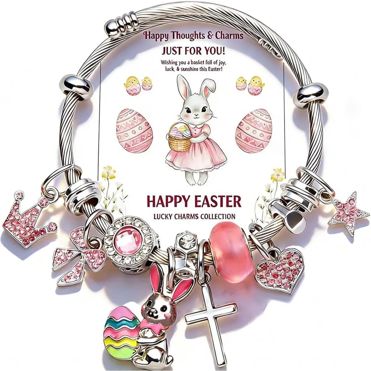 Unisex Stainless Steel Bunny Motif & Egg Cross Charm Bracelet - Adjustable, Pink Charms, Greeting Card Included, Easter Basket Stuffer for Adults, Christian Religious Gift, Open-Ended Band Jewelry Accessory, Communion