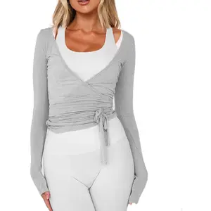 Women Wrap Tie Top Y2k Long SLeeve Ballet Workout Yoga Shirt  Blouses