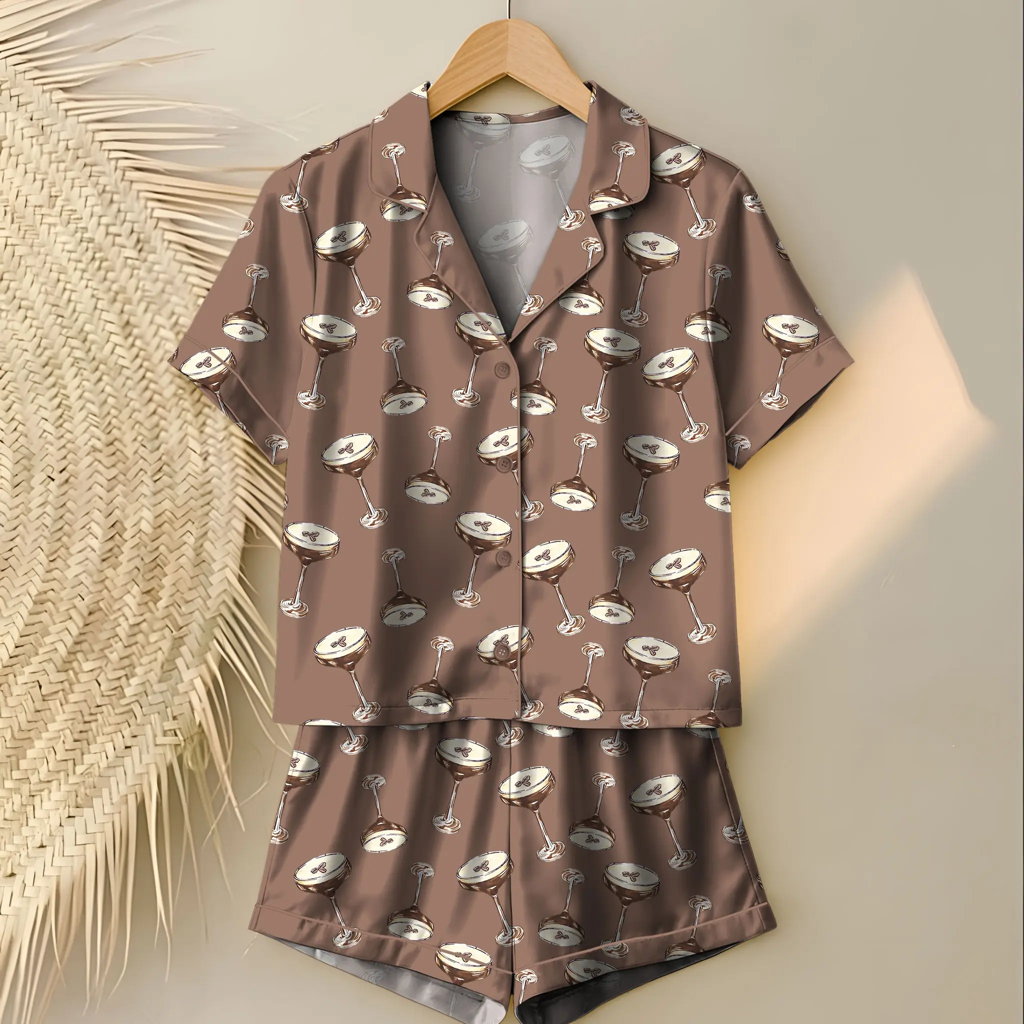 Espresso Martini Wedding Drink Coffee Pajama Set, Satin Printed Pajama Set, Silky Unisex Sleepwear with Fun Prints, Short & Long Option