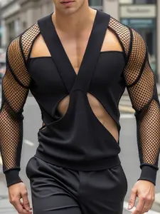 INCERUN Men's Fashion Sexy Patchwork Mesh Transparent Vneck Long Sleeve T-Shirt, Menswear, Summer Streetwear, Stylish and Breathable, Perfect for Casual