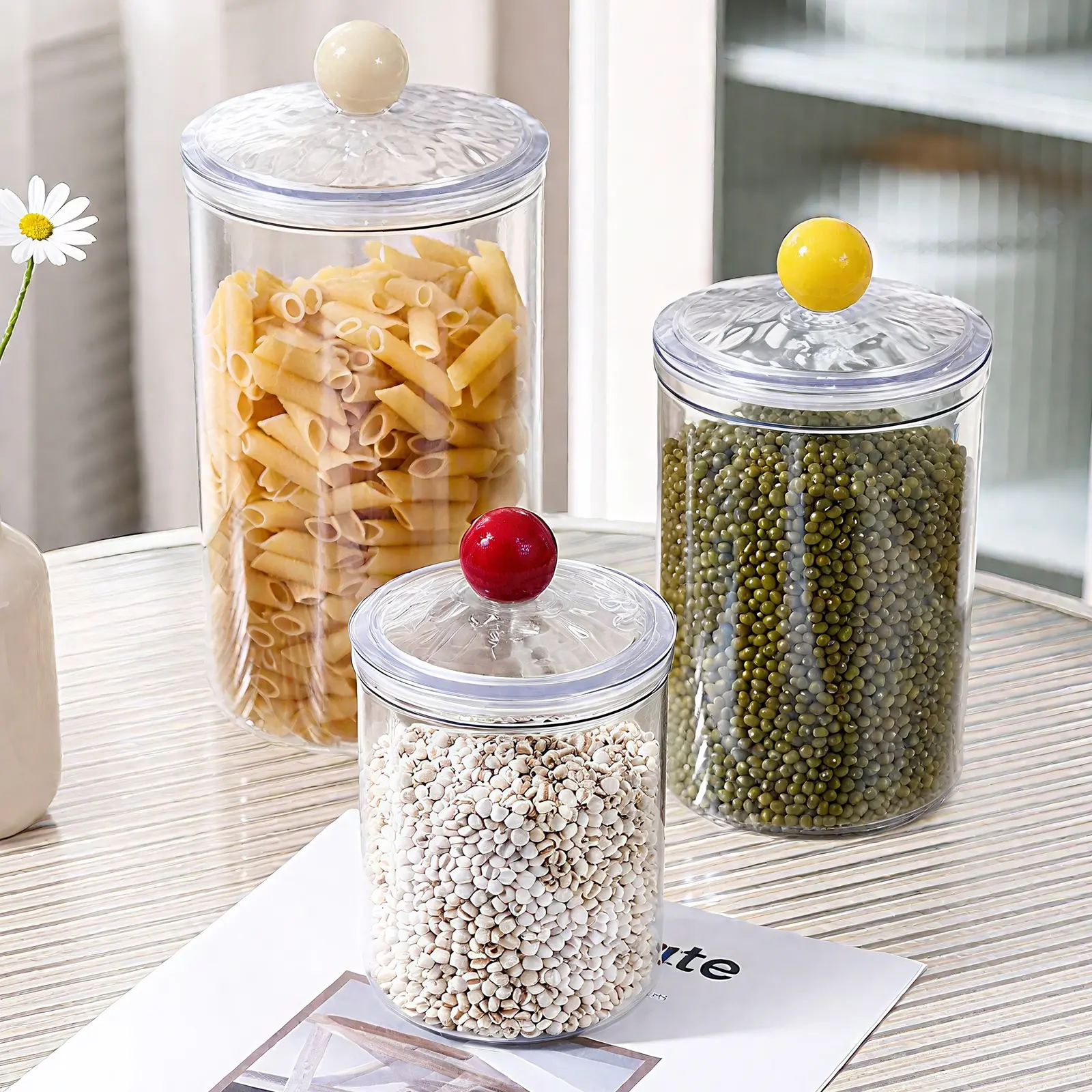 3 Sizes Airtight Clear Food Storage Canisters (0.9L+1.4L+2L), Plastic Sealed Dry Grain Containers with Color Knob Lids, Moist Dust Bug Proof Jars for Nuts Beans Pasta Cereal