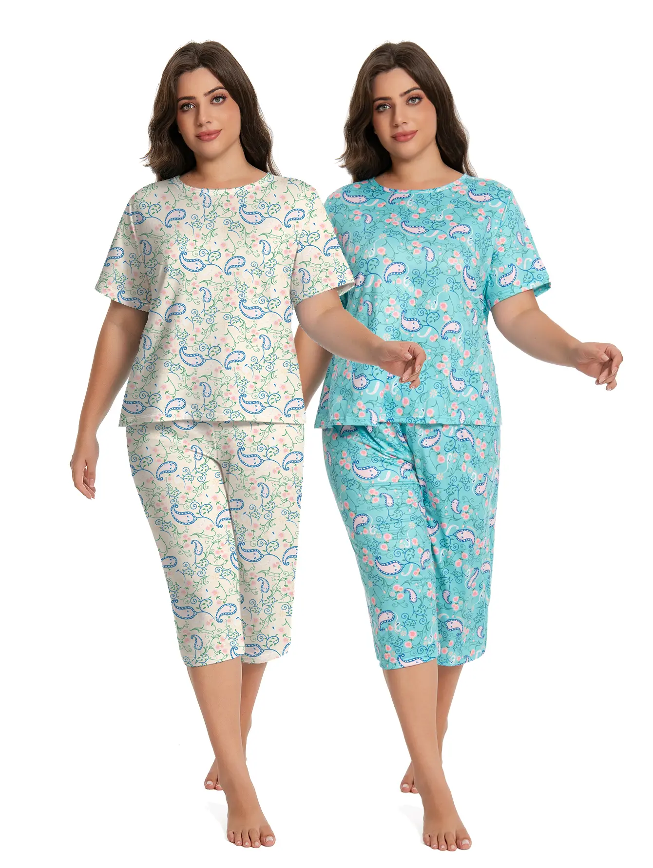 Women’s Plus Size Summer Two-Piece Pajama Set, Short Sleeve, Loose Fit, Casual Bohemian Floral Print, Available in Two Colors, Extra Large Size Home Loungewear Set