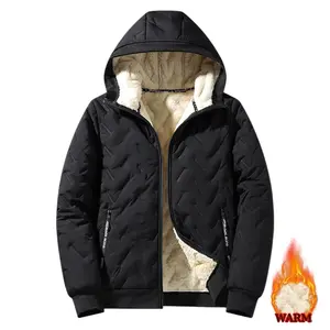 Men’s winter hooded jacket — a single top featuring a lambswool lining, stitched panels, a windproof stand collar, fluffy fabric, and smooth ribbed insulation for warmth; suitable for sports and casual wear.