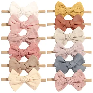 Z-HDW16  12pcs Baby Girls Hair Bows Nylon Elastic Headband Hair Accessories for Infants Toddlers Newborn