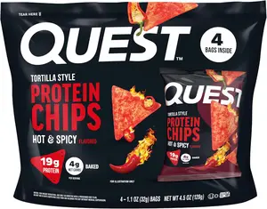 Quest Nutrition Tortilla Style Protein Chips Hot & Spicy 19g Protein 4g Net Carbs High Protein Gluten Free 1.1 Ounce 4 Count Crispy Crunchy Snack