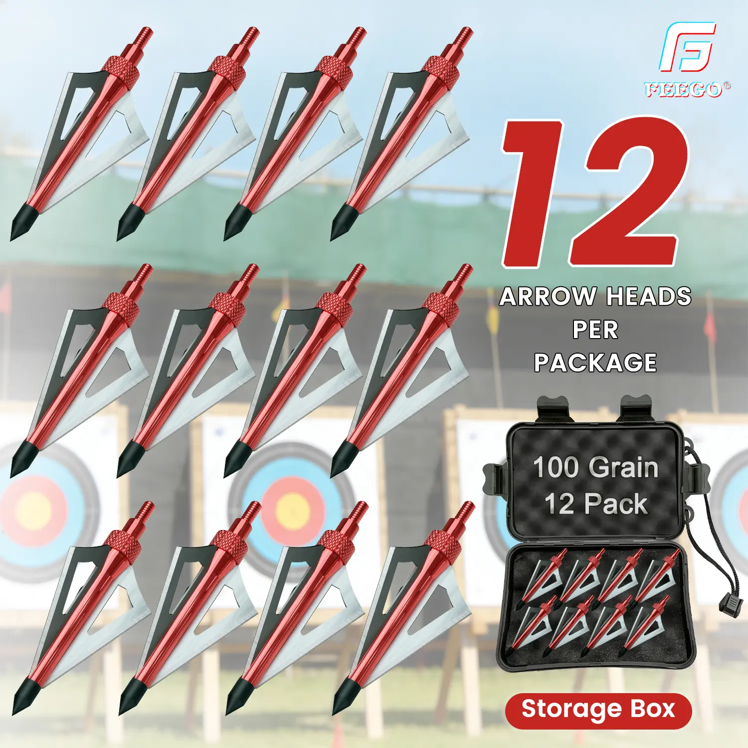 Hunting Broadheads FEEGO 12PK 100 Grains Screw-in Arrow Archery 3 Blades Hunting Heads Arrow Tips Compatible with Crossbow and Compound Bow + 1 PK Broadhead Storage Case  bow archery target outdoor equipment Game Stainless Steel Rod