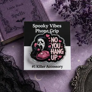 Spooky Mask Phone Grip, Retro Pink Phone Holder With Funny Horror Quote, Cute Gothic Accessory For Teens And Horror Fans