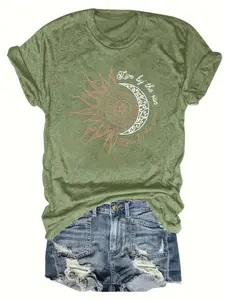 Women's Sun & Moon Print Round Neck 2025 T-Shirt, Ladies Summer Outfit, Gift For Women, Mothers Day Gift, Gift For Girl Friend, Full Size, Full Color Comfort Cotton