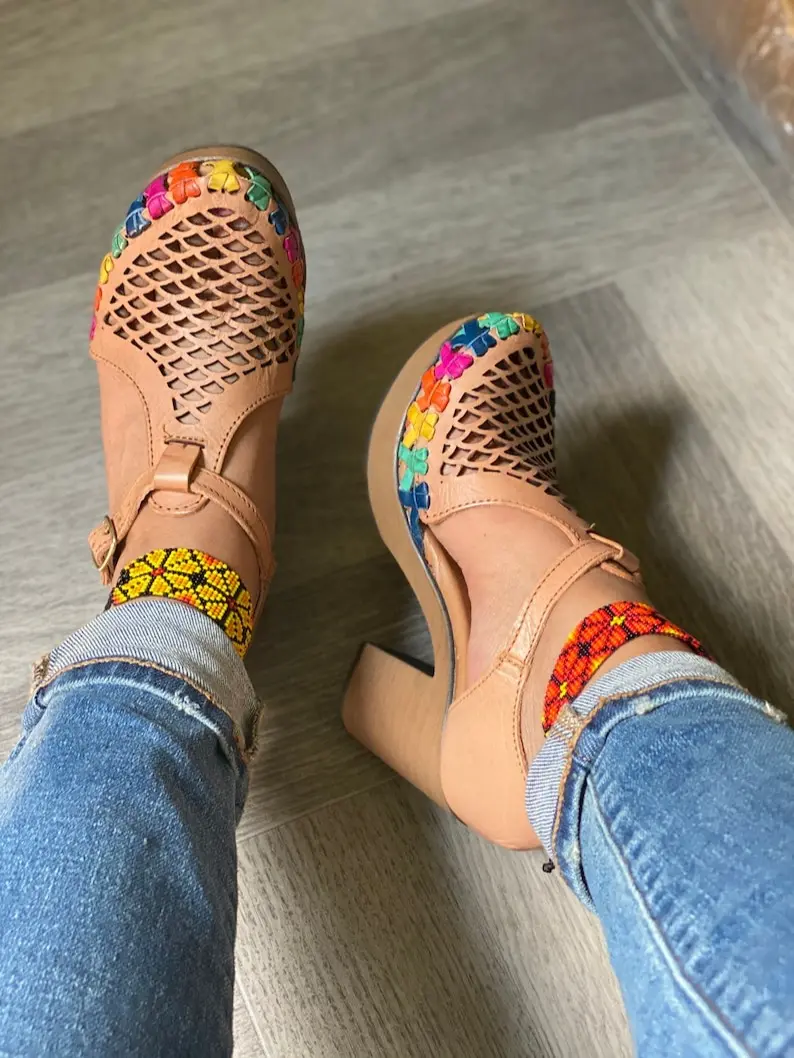 Mexican heels Huarache Sandal - Mexican style Boho Hippie All sizes- 5-10High heel leather shoe