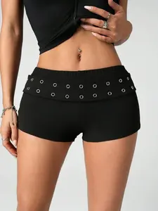 SHANIAH Sexy Street Wear Ultra Low Waist Distressed Casual Black Shorts