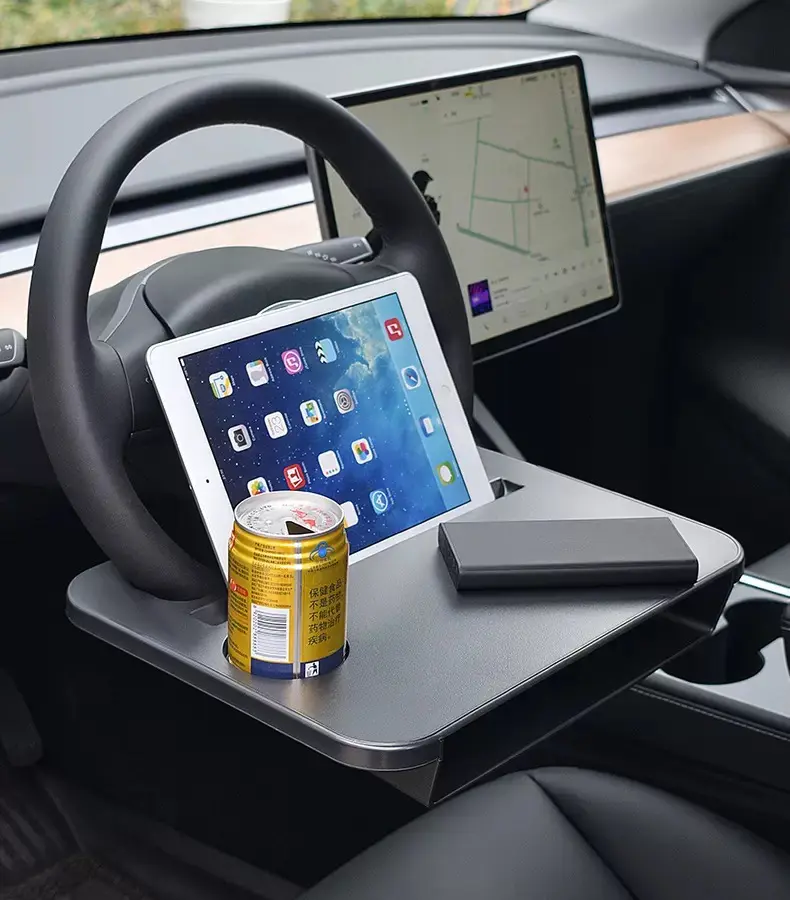 Multifunctional Car Steering Desk with Storage Organizer - 2-in-1 Tray for Stationary Use, Eating, Working - Fits Round Wheels (Not for D-shaped Wheels), Steering Wheel