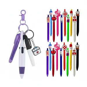 Nurse Badge Reel and Ballpoint Pen Bundle, 1 Red or Purple Badge Reel Set with Mini Highlighter, Marker, Retractable Pen plus 10 Multicolor Silicone Retractable Pens with Pocket Clips for Nurses, Stationery Office Supplies