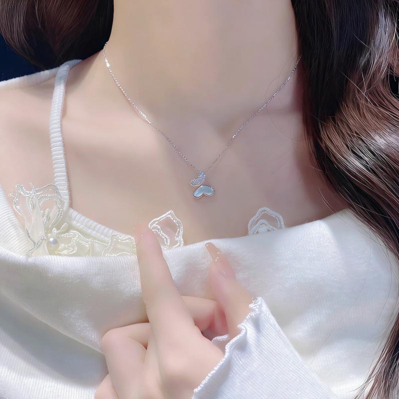 S925 Silver Butterfly Mother of Pearl Zircon Pendant Necklace Luxury Gift For Her