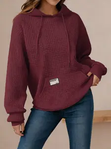 Plus Size Women's Fall Winter Casual Fashion Solid Color Waffle Knit Hoodie with Drawstring, Loose Fit Long Sleeve Pullover