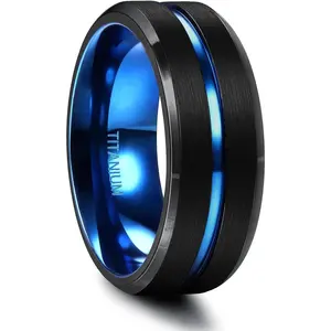FLORIDECO Titanium Ring for Men 8MM Wedding Band Thin Blue Centre Groove Wedding Ring Mens Black Wedding Engagement Promise Rings Comfort Fit Size7-13