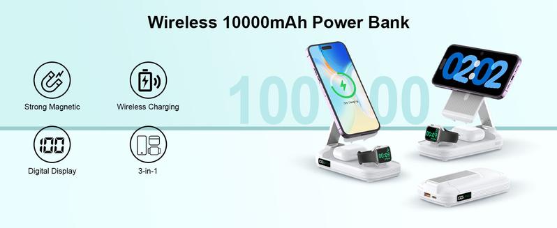 3-in-1 Foldable Wireless Power Bank, 10000mAh Magnetic Power Bank with Adjustable Phone Stand, Fast Charger, Portable Wireless Charger with Digital Display for iPhone 17 / 16 / 15 / 14 / 13 / 12 Series & Earbuds & Apple Watch