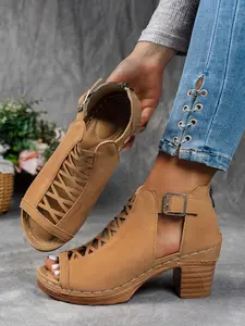 Women's Open Toe High Heel Sandals, Hollow Design with Buckle Detail, Lightweight Comfort, Roman Gladiator Style, Casual Summer Fashion Footwear