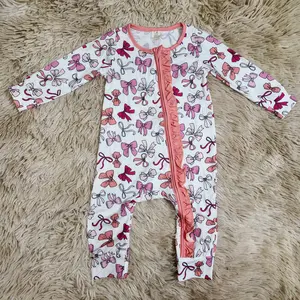 Long sleeves ruffle bows printed zipper sleeper sweet baby girls romper