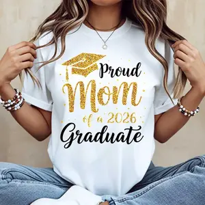 Graduation Cap Mom Of A 2026 Graduate Print Tshirt Crewneck Casual Tee For Mother Graduation Celebration