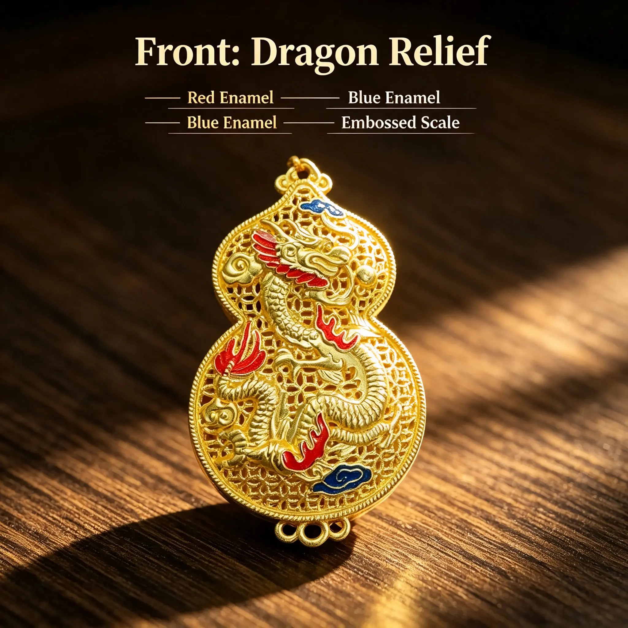 Vintage Gold Plated Enamel Relief Dragon & Phoenix Gourd Pendant with Adjustable Cord, Classic Oriental Filigree Craft Collectible Wearable Ornament