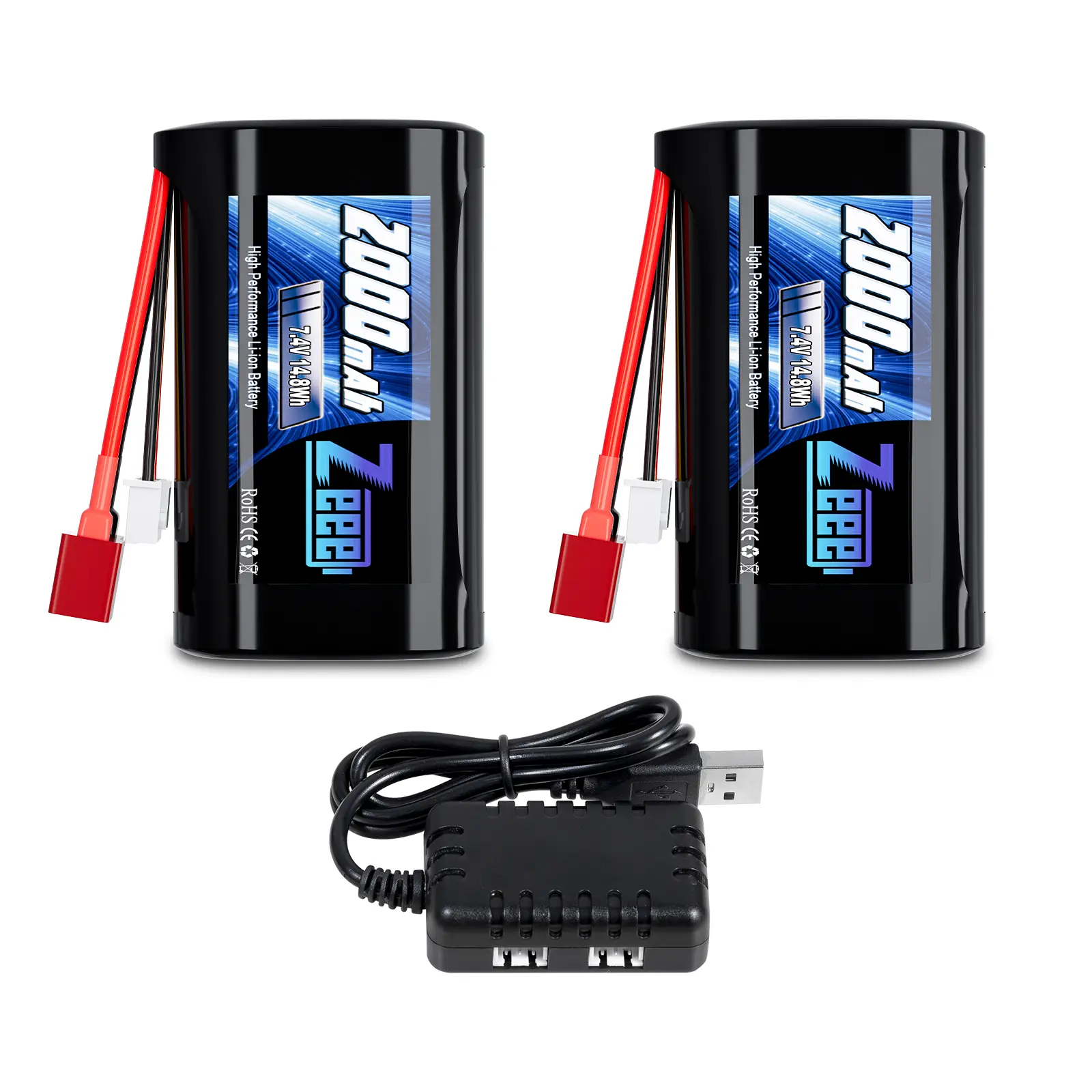 Zeee 2S Li-ion Battery 2000mAh 7.4V Battery Deans T Connector with 7.4V Battery Charger Compatible with 1/10, 1/12, 1/16 Scale RC Cars 4WD High Speed RC Car RC Boat RC Trucks(2 Pack)